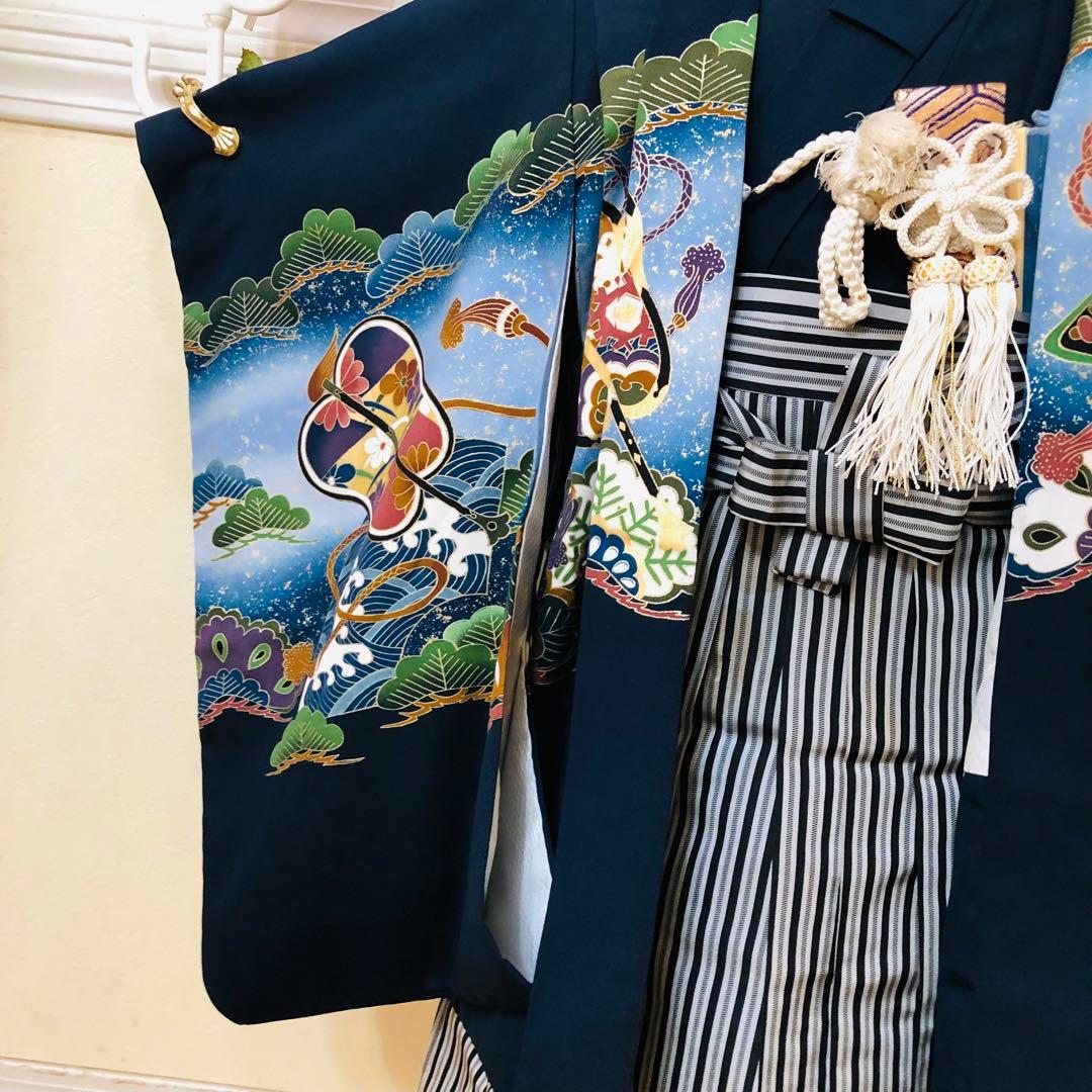 七五三五歳フルセット‼️人気黒地系⭐︎鷹凛々しい金彩煌びやか⭐︎袴縞スタイルアップ銘品